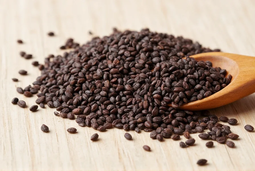 Black bitter seeds in a wooden spoon