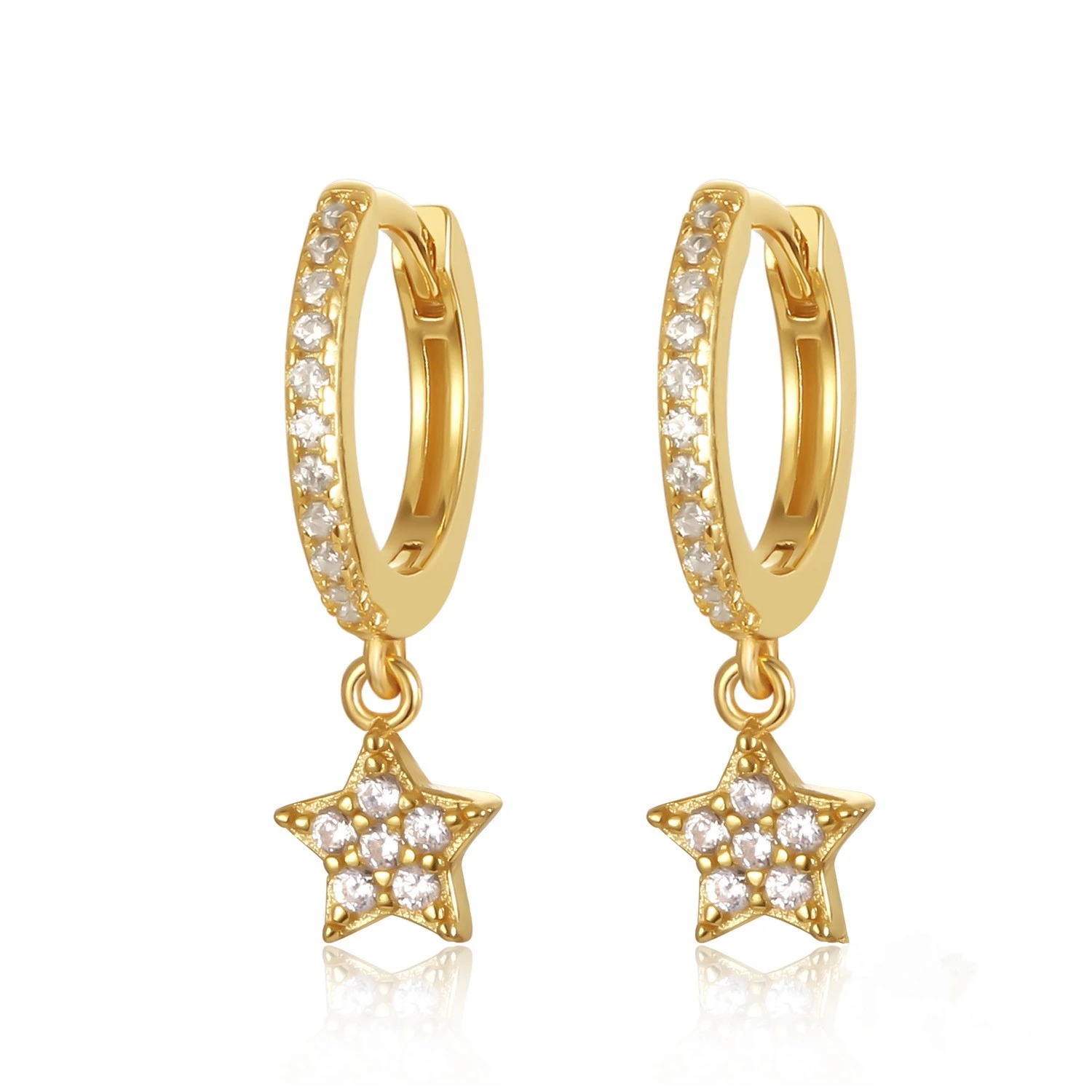 Fashion Earrings Jewelry 925 Sterling Silver Star Dangle Earrings with Small Diamond Hoop Earrings Women Jewelry Wholesale