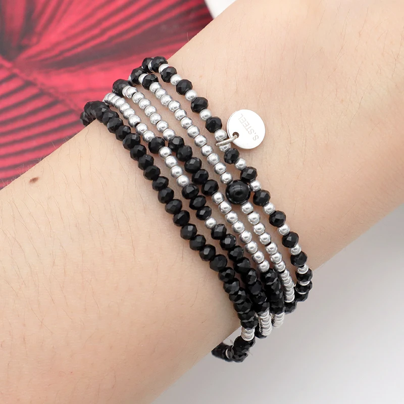 

Summer girls wholesale trendy black glass crystal custom bracelets jewelry set handmade beads charms bracelets, Silver