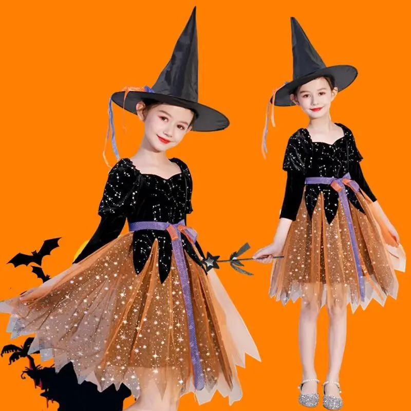 

Children Halloween Christmas Party Costume Girls Witch Dress Vampire Costume Fancy Dress, As pictures show