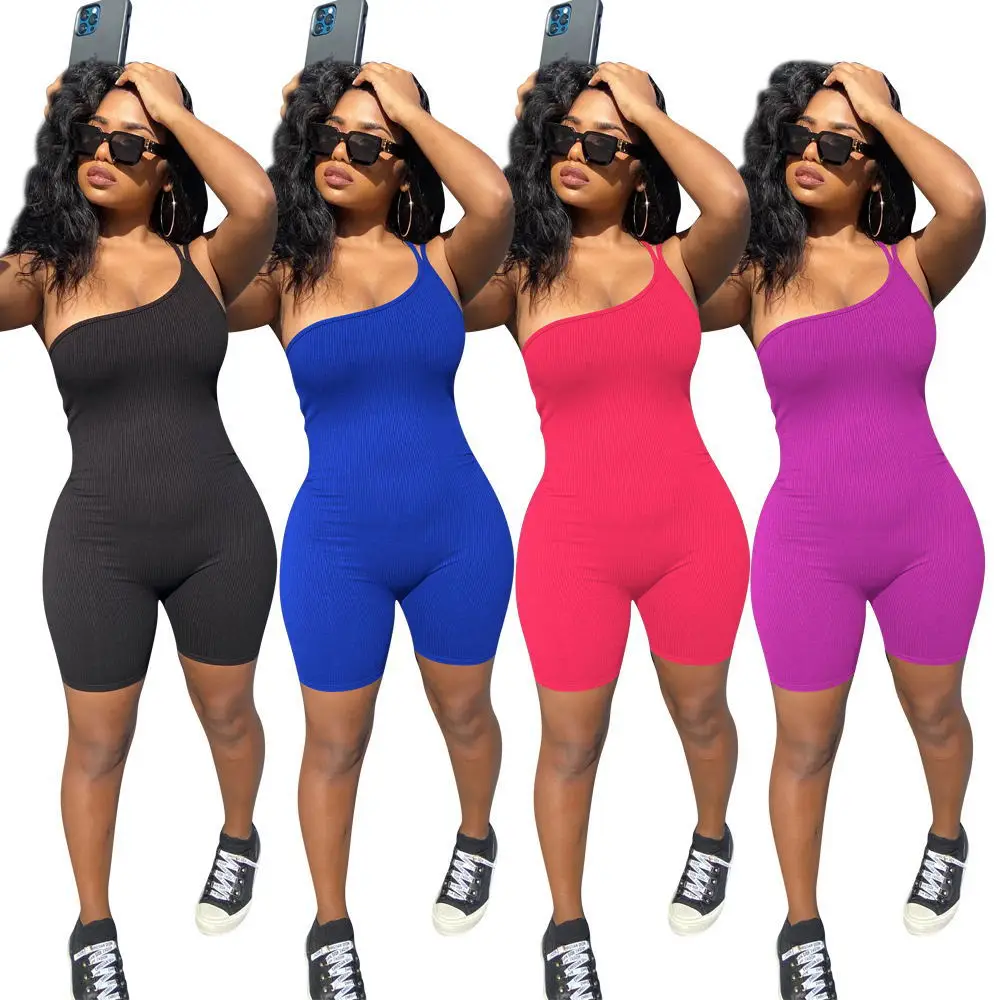 

Summer one shoulder jumpsuit clubwear sports fitted jumpsuit woman workout jumpsuit shorts, As the picture