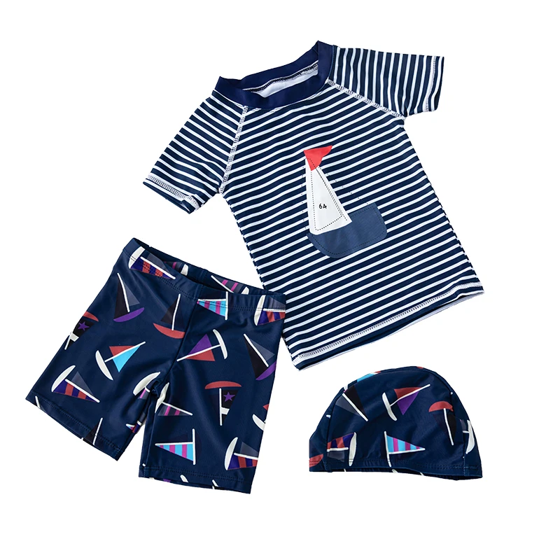 

Kids beach leisure sportswear, sun hat, boys and children, split swimsuit, swimming trunks, quick-drying, pattern: sailing strip