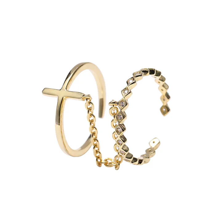 

Exquisite 925 Sterling Silver Rhombus Zircon Cross Double Chain Rings Accessories Women Fine Gold Jewelry Ring, Golden sliver