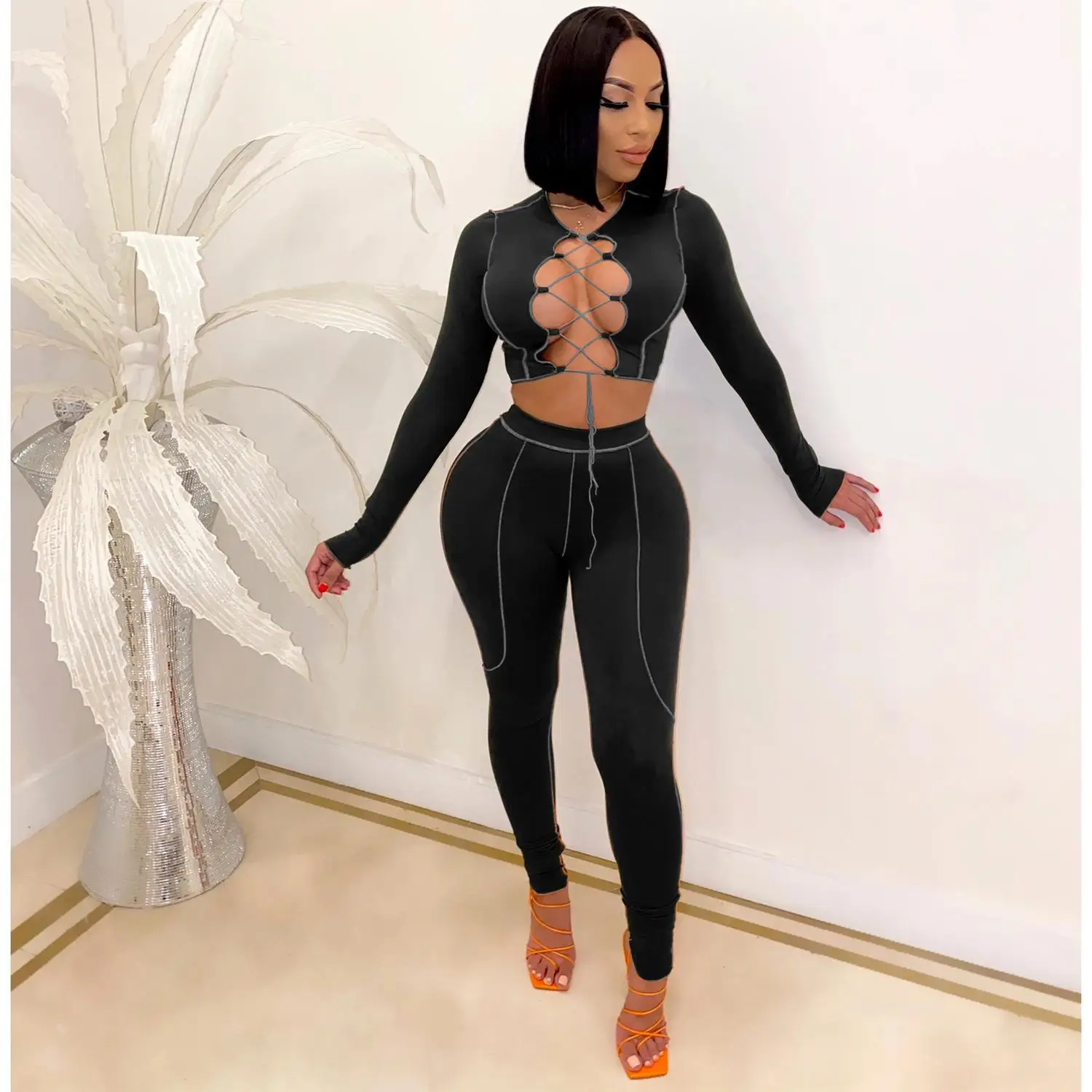 

Fashion Trendy Sets Womens Clothing Crop Top Two Piece Set Clothes Long Sleeve 2 Piece pants Set