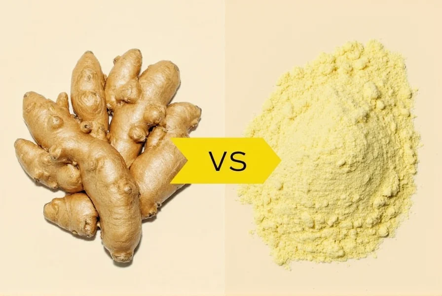 Conversion chart showing fresh ginger root compared to powdered ginger in measuring spoons