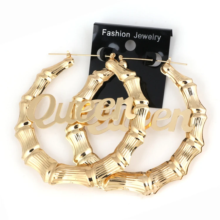 

Fashion  Round Bamboo Hoop Earrings Exaggerated Large Letter Queen Gold Plated Big Bamboo Earrings, Picture shows