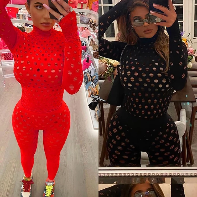 

Trending stylish 2021 sexy long sleeve broken knitted mesh street hipster breathable mesh two piece set