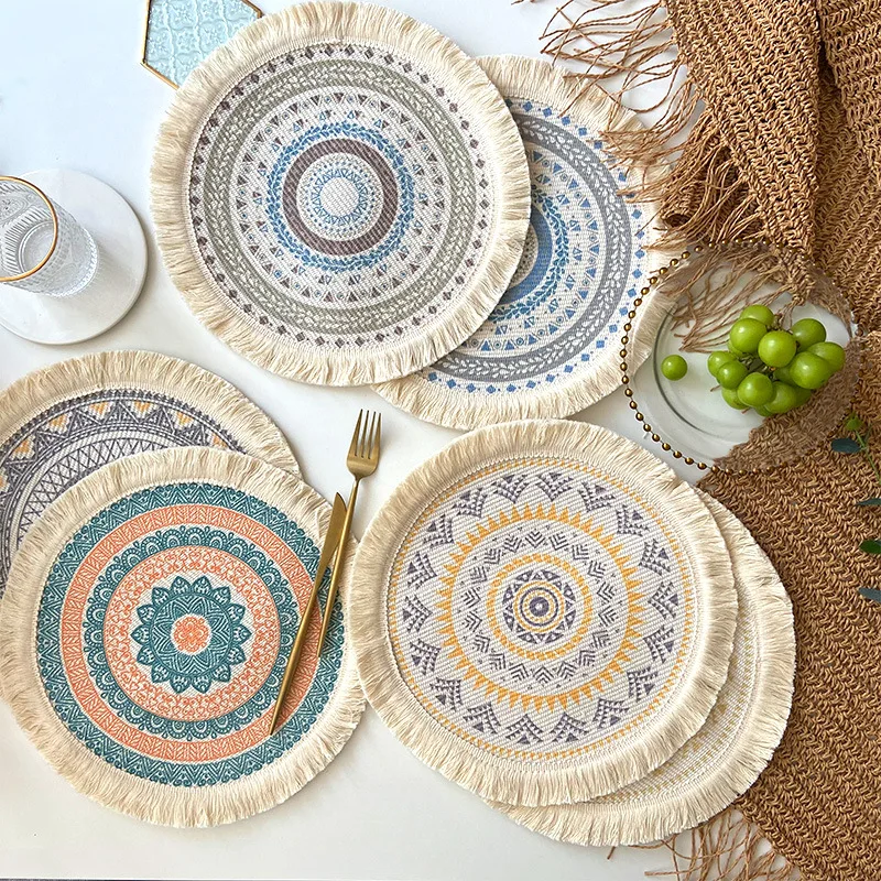 

13 Inch Table Mats Boho Cotton Woven Mandala Tassels Heat Proof Washable Circle Place Mat for Dining Home Decoration