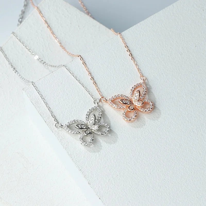 

Dainty Sterling Silver Rose Gold Delicate Butterfly CZ Necklace Diamond