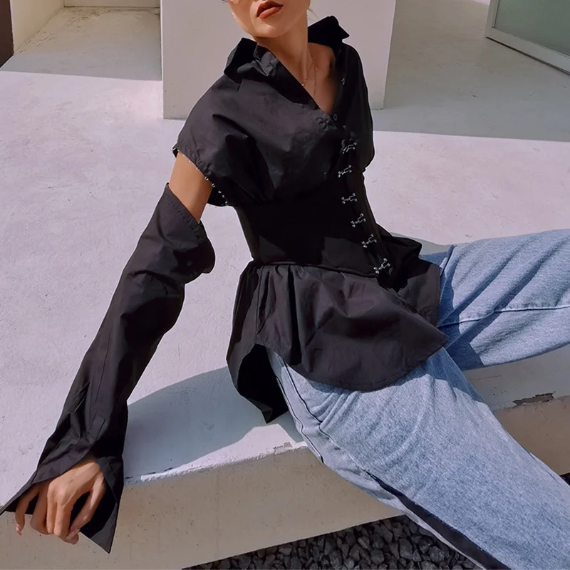 

Fashion Tops Blouse Spring 2021 New Model Casual Button Down Shirt Detachable Sleeves Single-breasted shirts For Women, Black/white