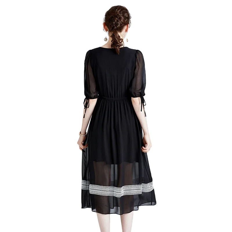 

Women Casual Bow Lantern Sleeve Ladies Autumn Dress Half Sleeve Casual Dress