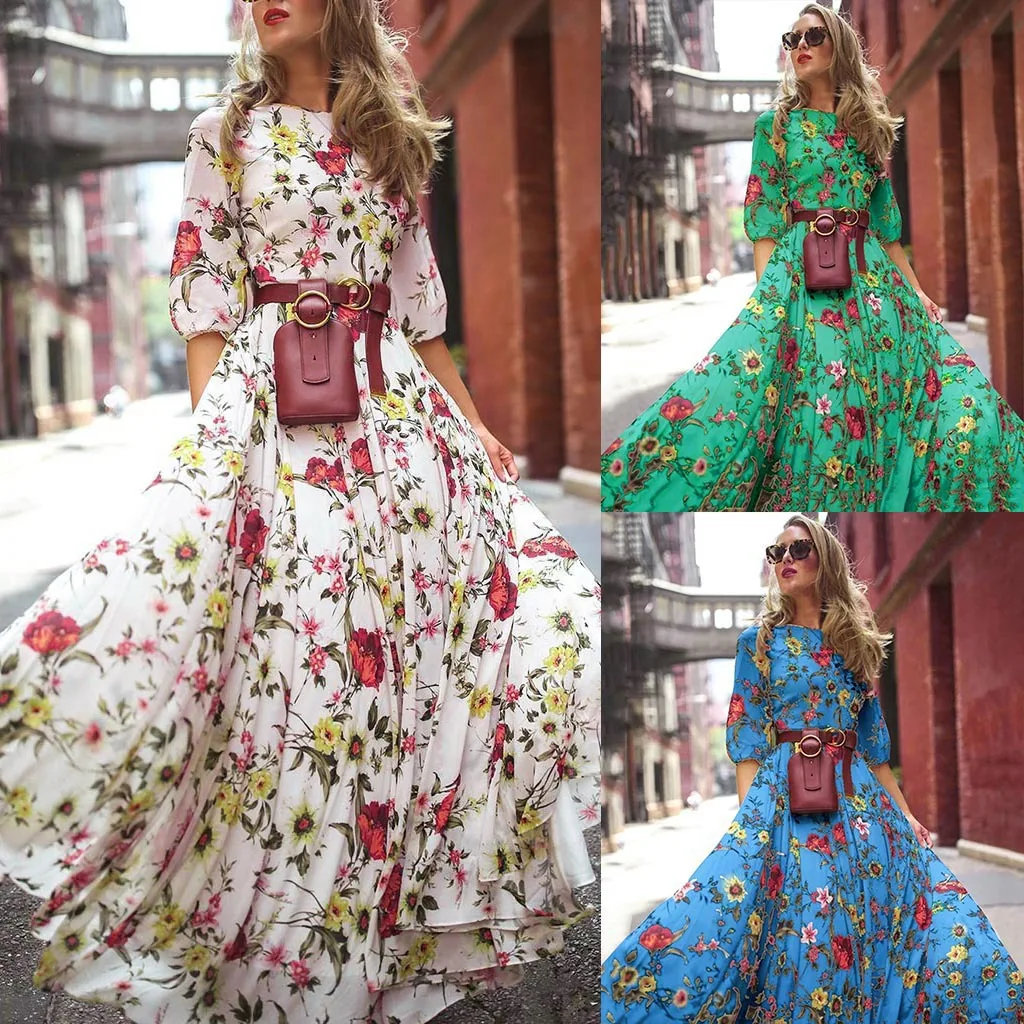 

2021 New Arrivals Summer Fashion Clothing Women Casual Dress Bohemian Floral Long Maxi Dress, Multic color