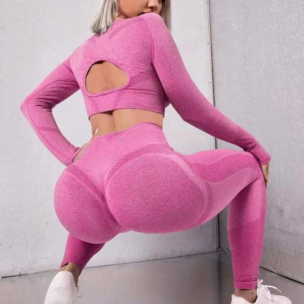 

In Stock Custom Logo 2 Piece Gym Fitness Sets Running Hollow Peach Butt Long Sleeve Seamless Yoga Workout Sets for Women