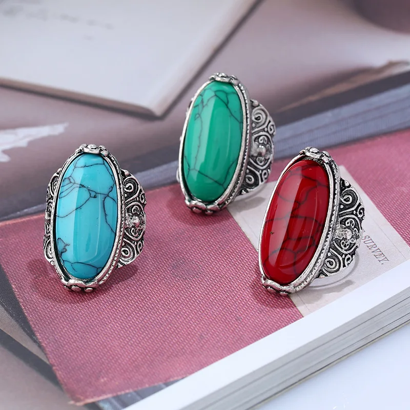 

Ruigang Natival American Punk Style Men Vintage Navajo Silver Plated Turquoise Stone Rings, Picture