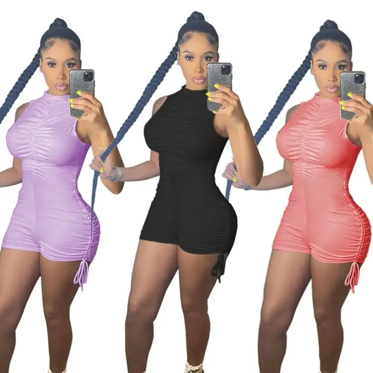 

PEARL Sleeveless mono mujer Pleated Solid Color One Piece Jumpsuits Bodycon Jumpsuit 2021 Women Jumpsuits And Rompers