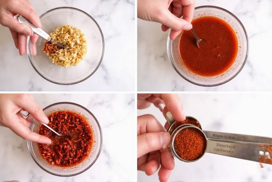 Step-by-step preparation of homemade Calabrian chili substitute blend with ingredients in measuring spoons