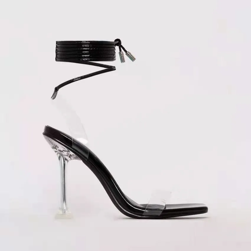 

2021 Summer new designer 8cm casual leisure square toes ladies Ankle Strap shoes high heels sandals for women