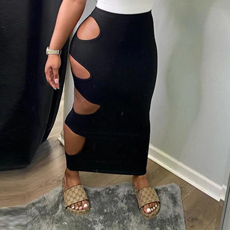 

2021 Summer Solid Hollow Out Sexy Maxi Skirt New Trendy Tight Fitted Clothing Plain Casual Long Skirt Womens Skirts -SM, Black,blue, yellow, army green, red, orange, gray