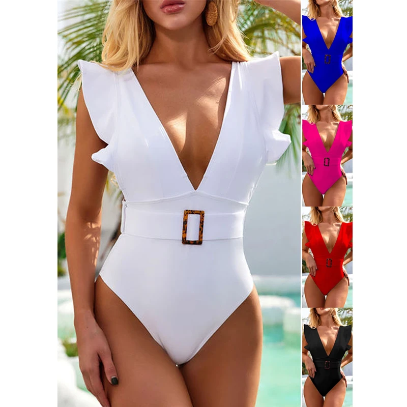 

Swimwear Sexy Ruffle Bathing Suits Deep V High Cut Push Up Backless One Piece Swimsuits For Women 2021