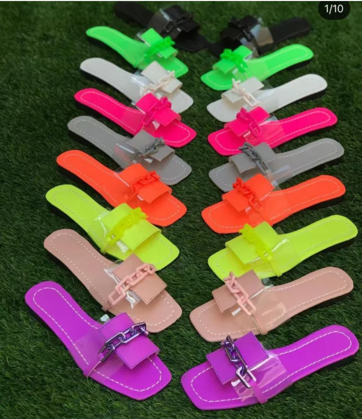 

2022 summer platform slipper with chain trendy cute beach clear jelly flat sandals for women and ladies