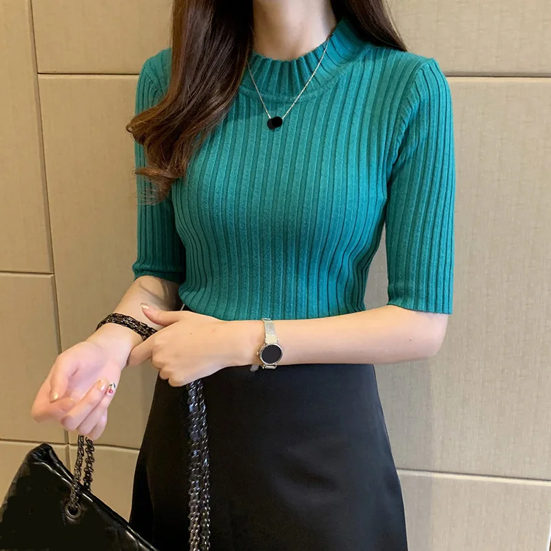 

2021 New Fashion Women Girls Spring Summer Half Sleeve Blouse Round Collar Knit T-shirt Sweater Tops Tight-fitting Knitwear