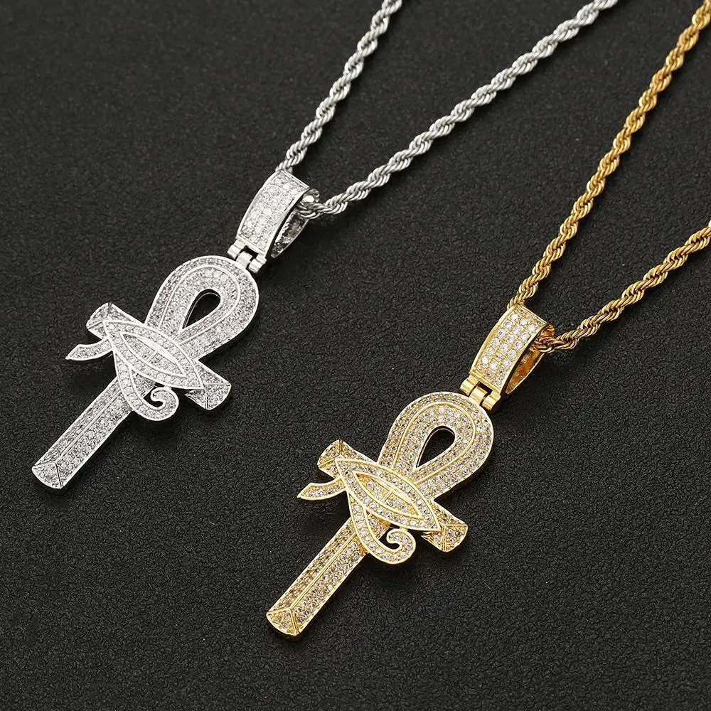 

European And American Diamond-Studded Zircon Eye Of Horus Cross Pendant Full Diamond Hip-Hop Necklace Jewelry, Picture shows