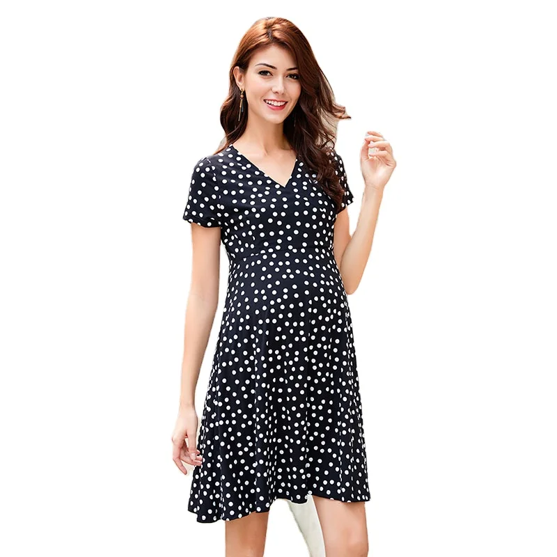 

High Quality Comfortable Knee-Length Maternity Summer Dresses V-Neck Short Sleeve Nursing Maternity Clothes Elegant Maternity Dr, Black