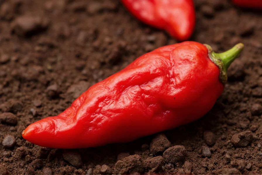 Close-up photograph of Bhut ghost pepper showing its characteristic wrinkled texture and red color against dark soil