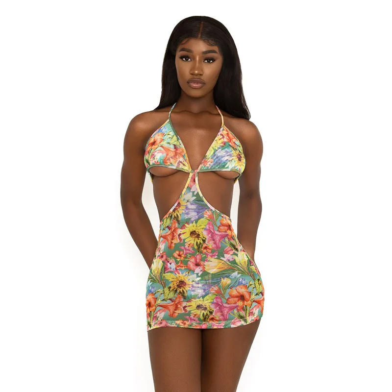 

2021 new arrivals summer collection sexy floral printed halter design women mesh casual dresses