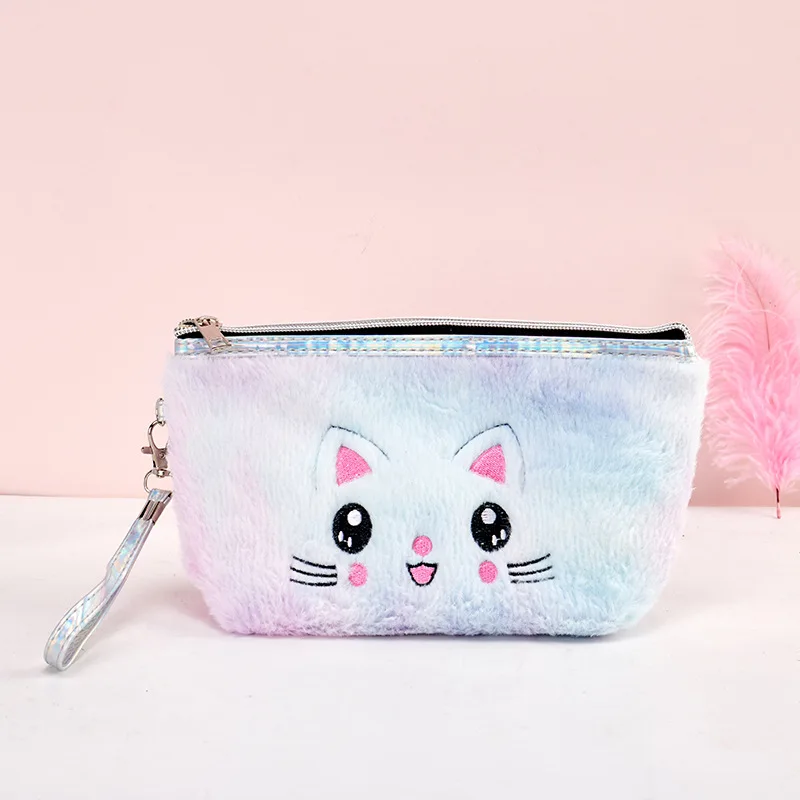 

Hot sales cartoon cat cute plush cosmetic bag handbag zipper storage bag for travel