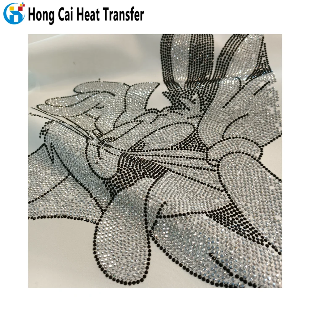 

Hongcai fashion rhinestone print transfer custom t-shirt hoodie iron on hot fix diamond crystal free design