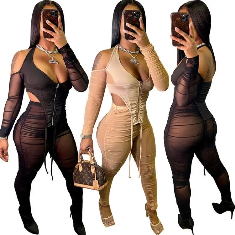 

MD-20021948 Best Design Fashion Style Halter Mesh Decoration Zipper Neck Bandage Sexy Women Two Piece Set Clothing 2021