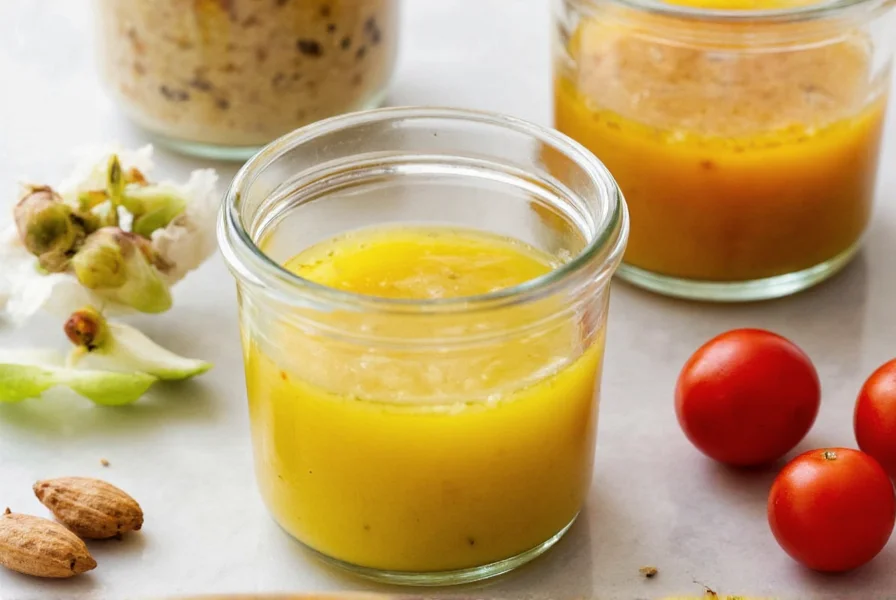 Multiple glass jars containing different variations of ginger dressing with fresh ingredients displayed around them