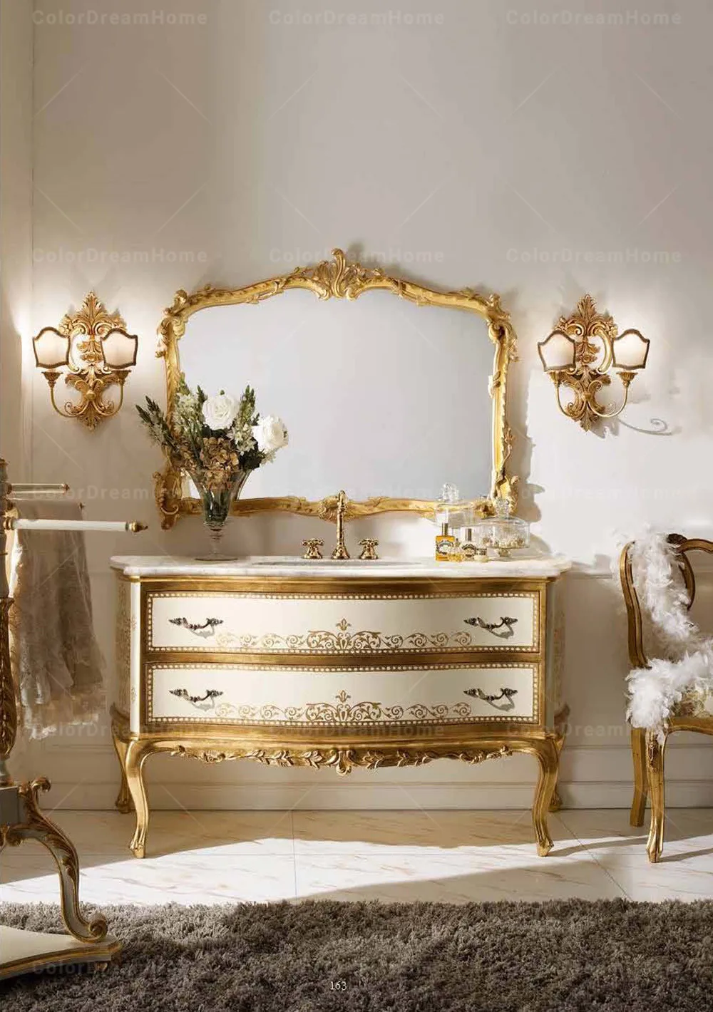 Rococo Furniture Luxury Golden Single Sink Bathroom Vanity Marble Top ...