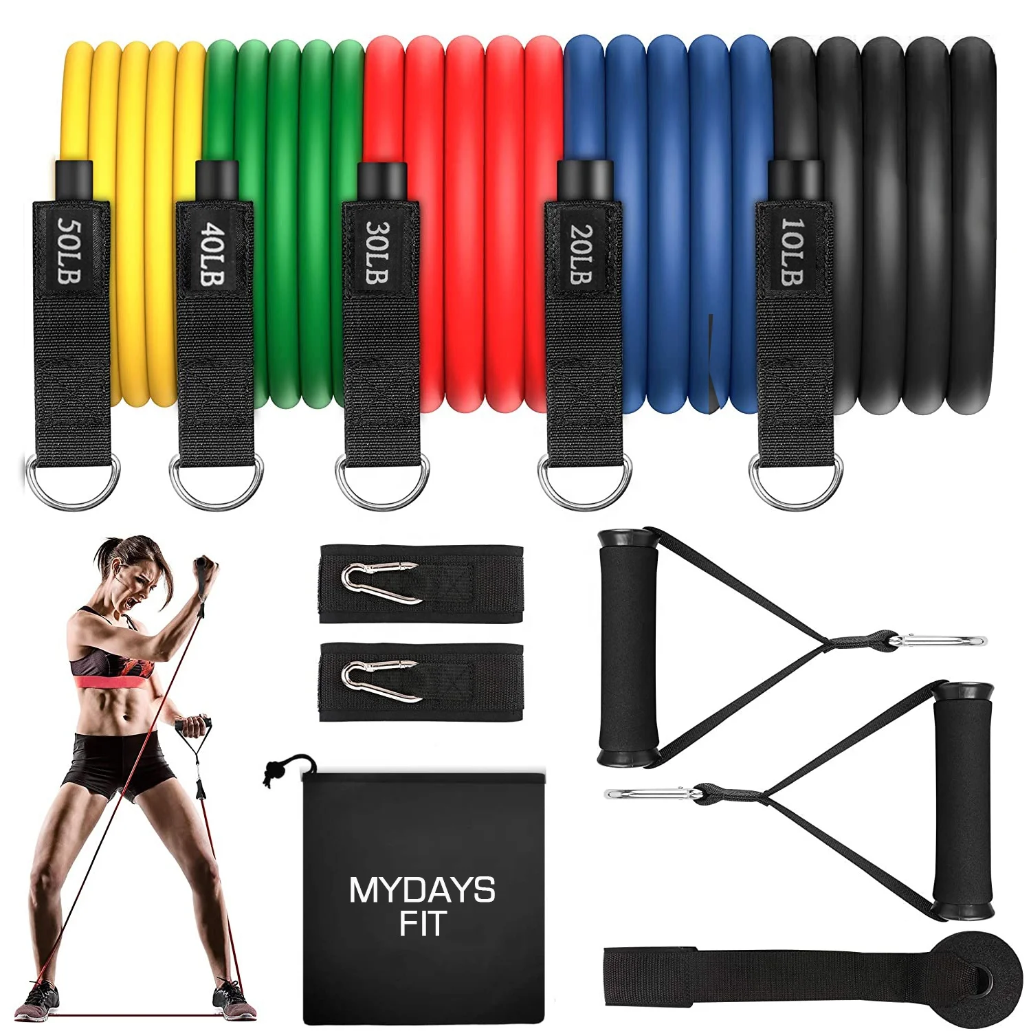 

Fitness Yoga Home Gym Equipment Workout Stackable Up to 150lb 11pcs Exercise Resistance Tubes Bands Set with Door Anchor Handles, Green blue red black