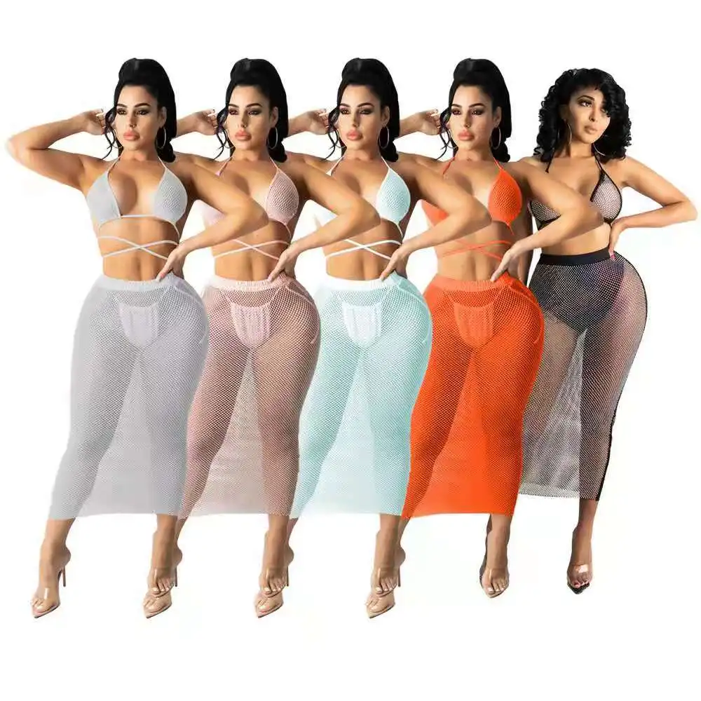 

2021 summer hot sale mesh see through women bikini and skirt set two piece sexy beachwear, 3color as picture