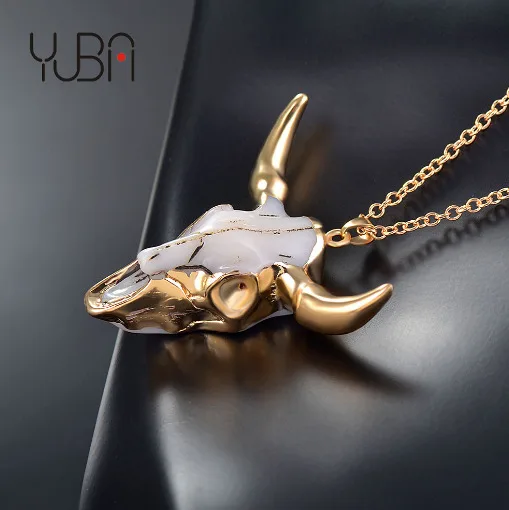 

Wholesale Hip Hop Gold Plated Buffalo Cattle Skull Horn Necklace Longhorn Cattle Skull Pendant Charm Necklacewholesale