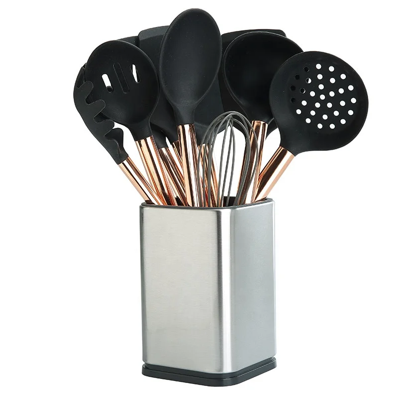

10 Piece Stainless Steel Handle Cookware Silicone Utensils Set With Cube Storage Bracket, Black