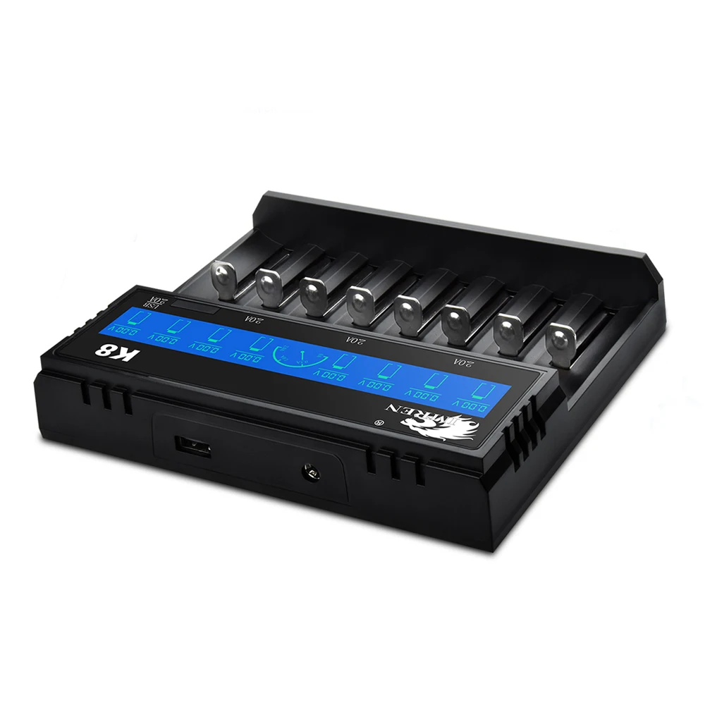 

IMREN k8 high voltage for li ion battery charger with charger 8 slots 5v/2A 5v/1A battery charger 18650 26650 20700, Black