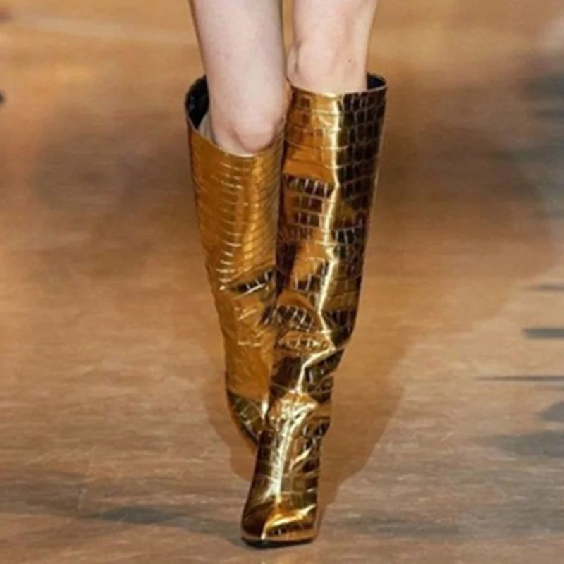 

Gold Silver Stone Print Slip On Short Boots for Women Chunky Heel Calf Boots for Lady Knee High Fashion Shoes Women Big Size 43, Black,gold,silver,champagne gold