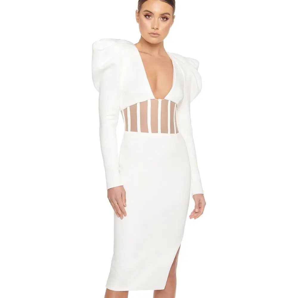 

White Dresses Winter Clothes For Women Elegant Long Sleeve Midi Sexy Deep V Bodycon Dress, Picture color