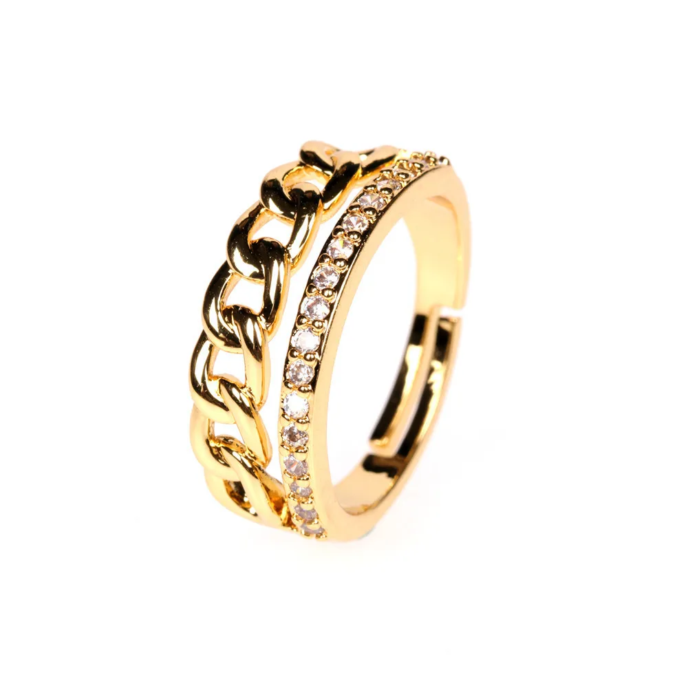 

Trendy Stacking Geometric Link Chain Open Ring 18K Gold Plating Double Layer CZ Zircon Rings For Women