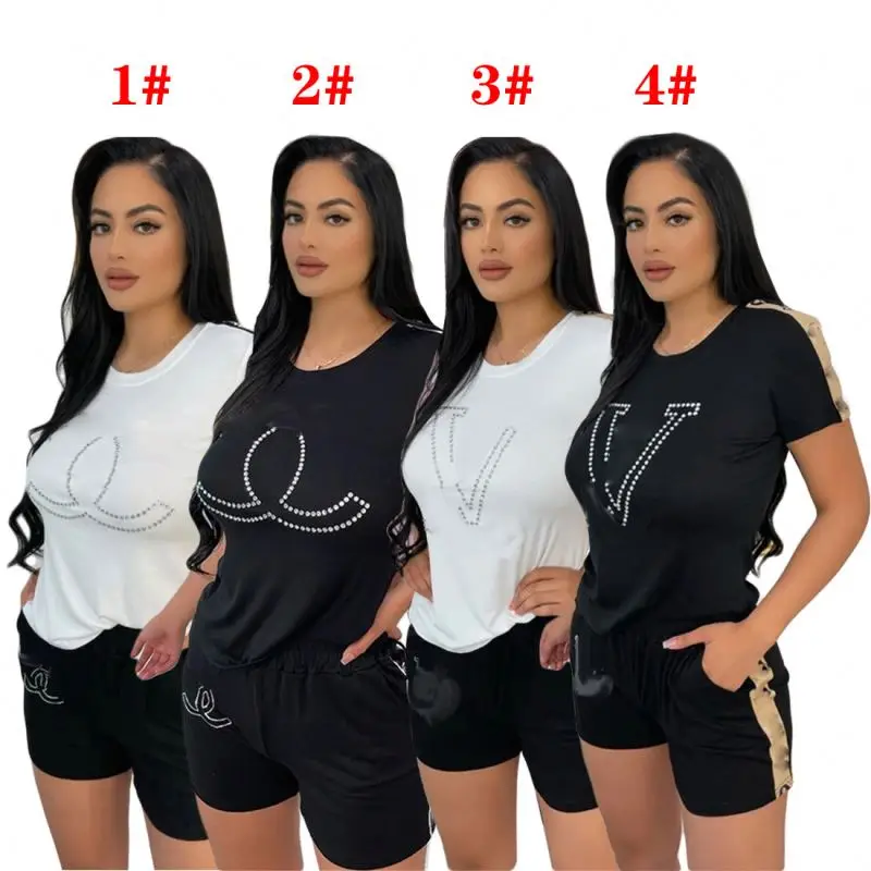 

Hot selling Summer new fashion hot drilling short-sleeved top and shorts suit short pants two piece J2499