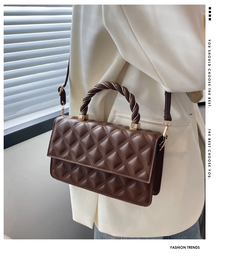 

Twisted handle quilted rhombus flap foreign style women's handbags online handbag shopping xiamen handbags, Black, white, khaki, brown