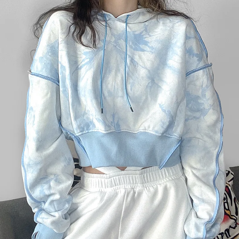 

2021 New Arrival Winter Loose Fashion Tie Dye Crop Top Long-Sleeved Drop Shoulder Hoodie Drawstring Sweater Women