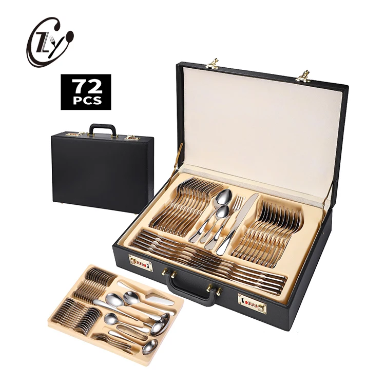 

High End Wholesale 72 Piece Flatware Sets Stainless Steel Spork and Knife Cutlery Sets With Suitcase, Silver/rainbow/gold/rose gold/black