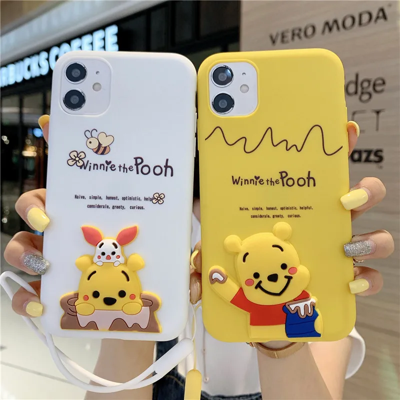 

Hot sales OEM cute cartoon Pooh Bear soft cell phone cases rope for Oppo A54 A94 A5s RealmeC21 Reno5 F17 findX3 pro A15 cover