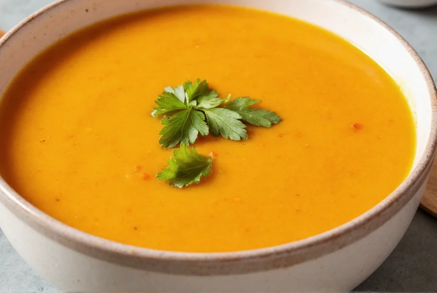 Vibrant orange carrot and coriander soup in white bowl with fresh coriander garnish