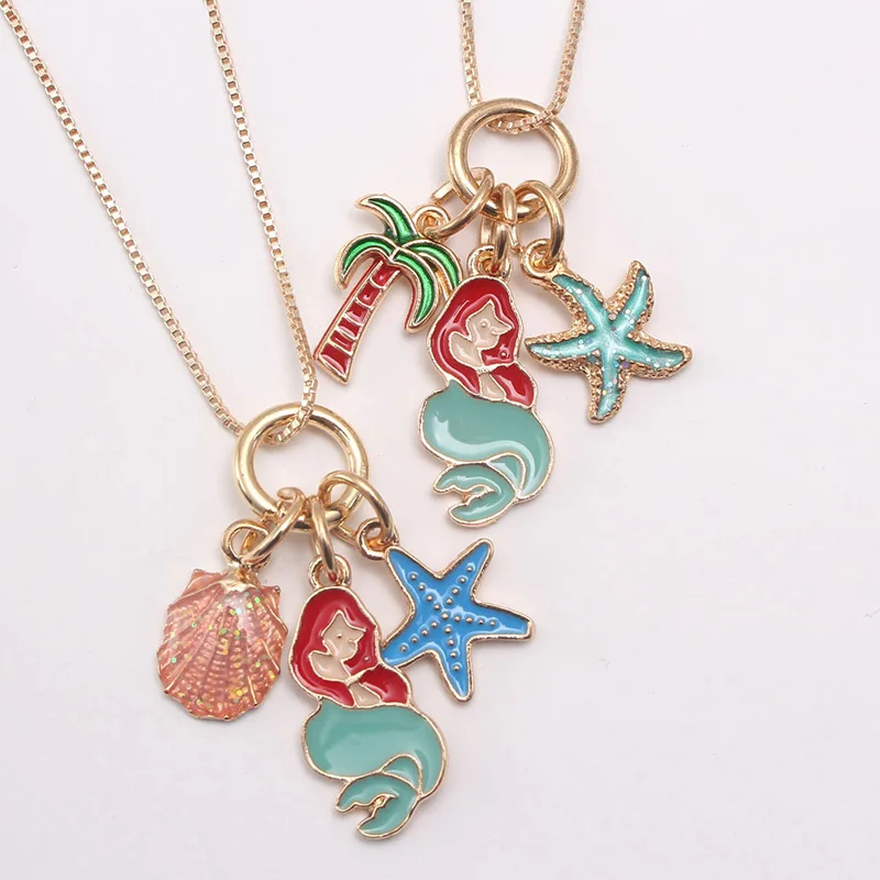 

RTS summer mermaid starfish alloy kids pendant girls chain necklace gift, As picture show