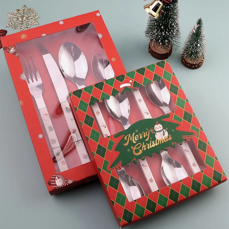 

2023 New Christmas Knife Spoon Fork Set Stainless Steel ABS Plastic Handle Flatware Christmas Cutlery Set with Gift Box